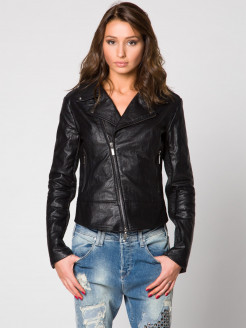 Textured leather biker jacket with lateral zip with ribbed inserts.